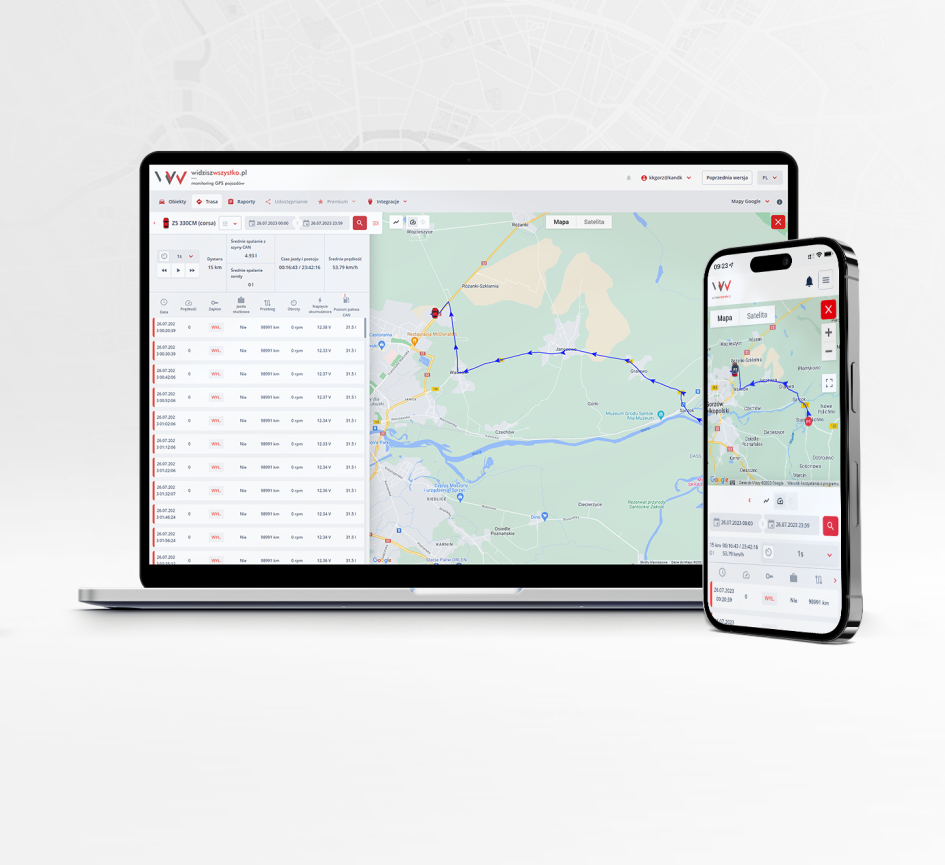 Monitoring GPS samochodów ciężarowych, zdjęcie przedstawia aplikację mobilną i aplikację dostępną poprzez przeglądarkę internetową.